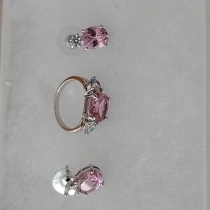 Elegant Pink and Silver Women's Ring And Earrings